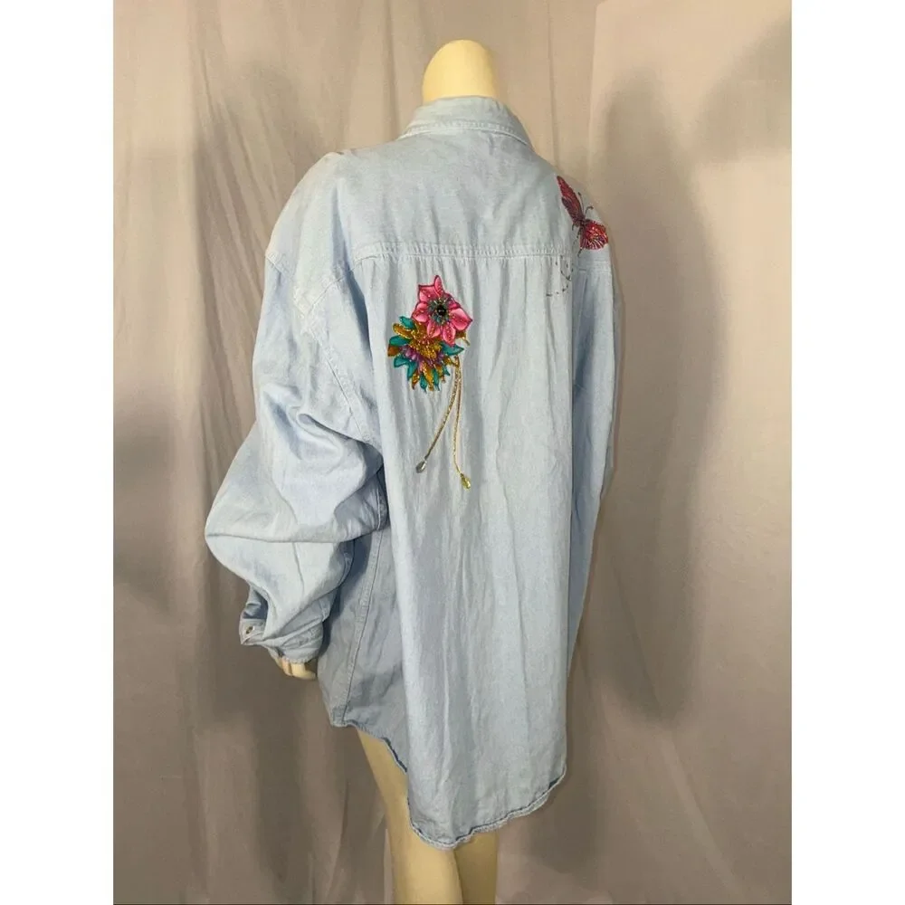 Basic Editions Oversized Denim Shirt 3X – Hand Embellished Floral & Butterfly We